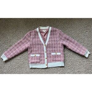 Maeve by Anthropologie Tweed Lurex Coatigan Cardigan Button Pink Plaid Sz Medium
